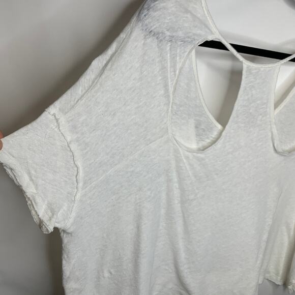Free People Slouchy Cropped Oversized Linen Blend Cream Tee Shirt Sz Small - Picture 5 of 8